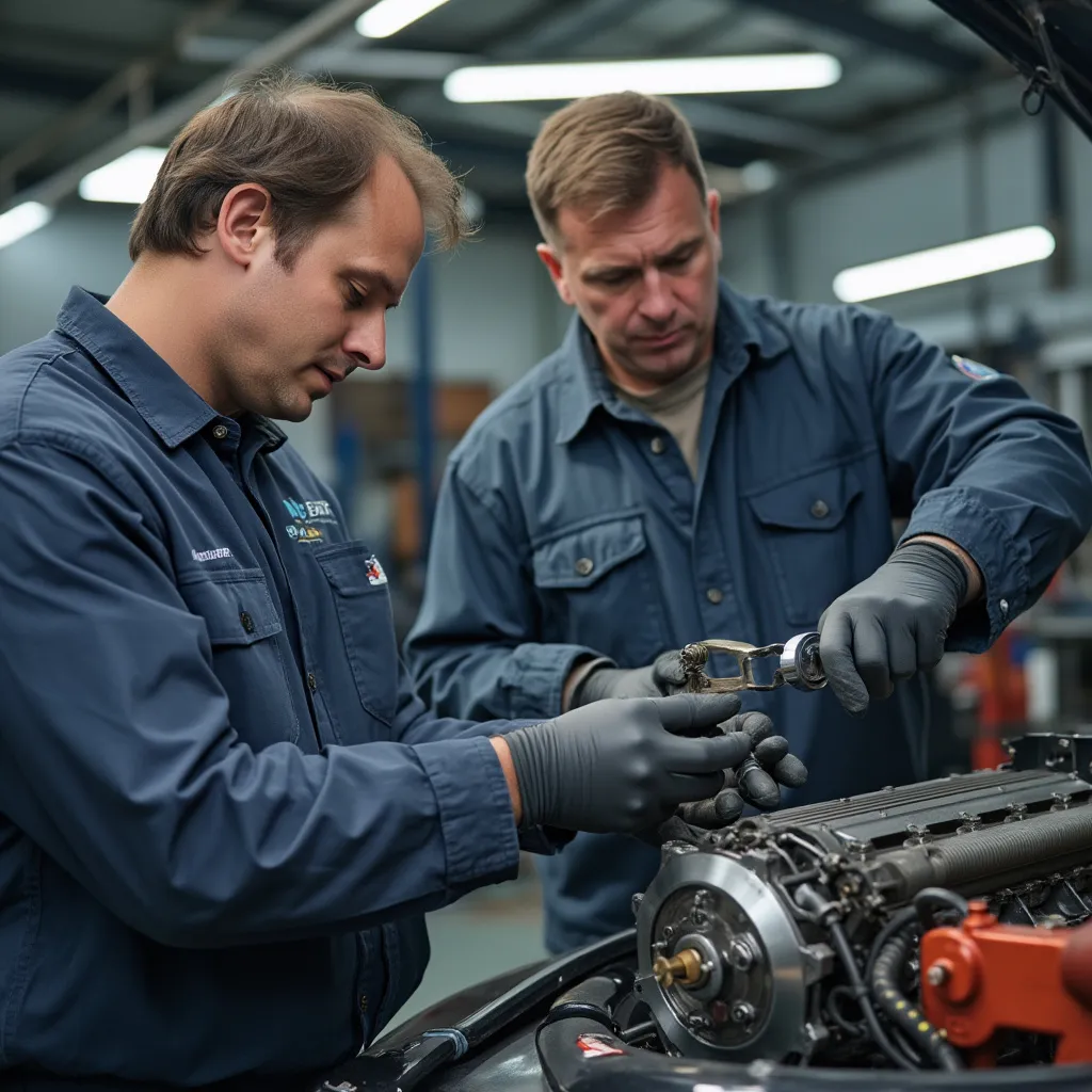 Equipo automotriz revisando piezas mecánicas con detalle