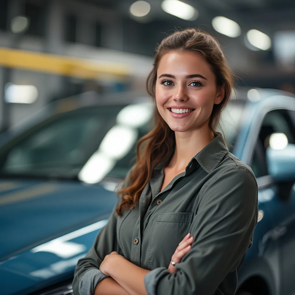 Clienta satisfecha con auto